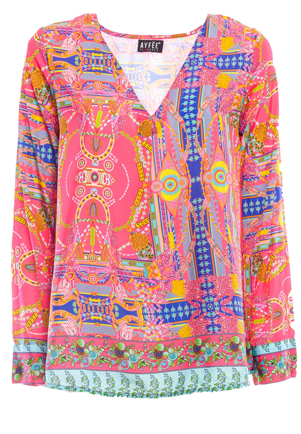 BLUSA SCOLLO A V MANICA LUNGA, 3 TG. 90% POLY 10% SETA, MADE IN INDIA